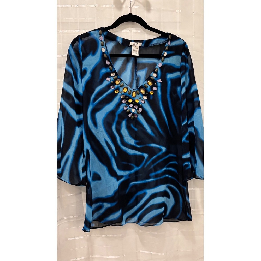 Cache Womens Blue Zebra Print Beaded V-Neck Tunic Top Sheer Bell Sleeve Medium